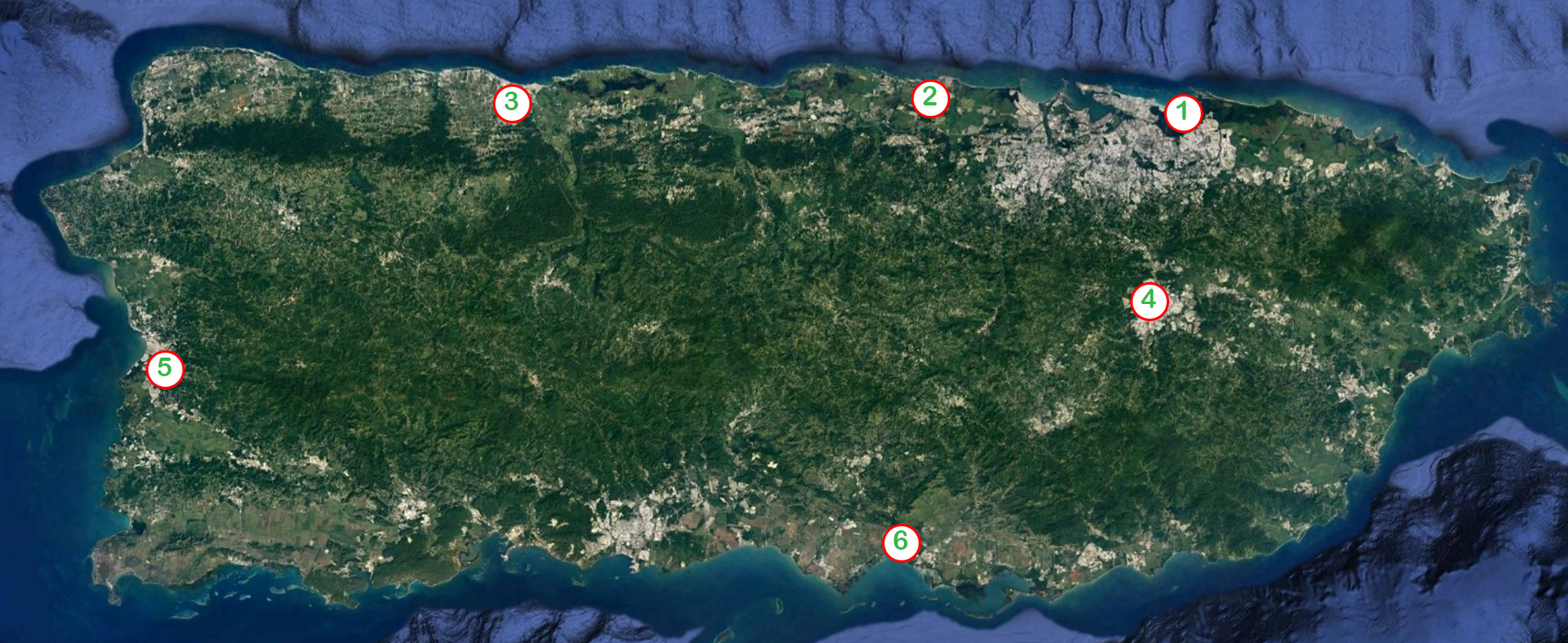 Map of Puerto Rico with numbered location of projects