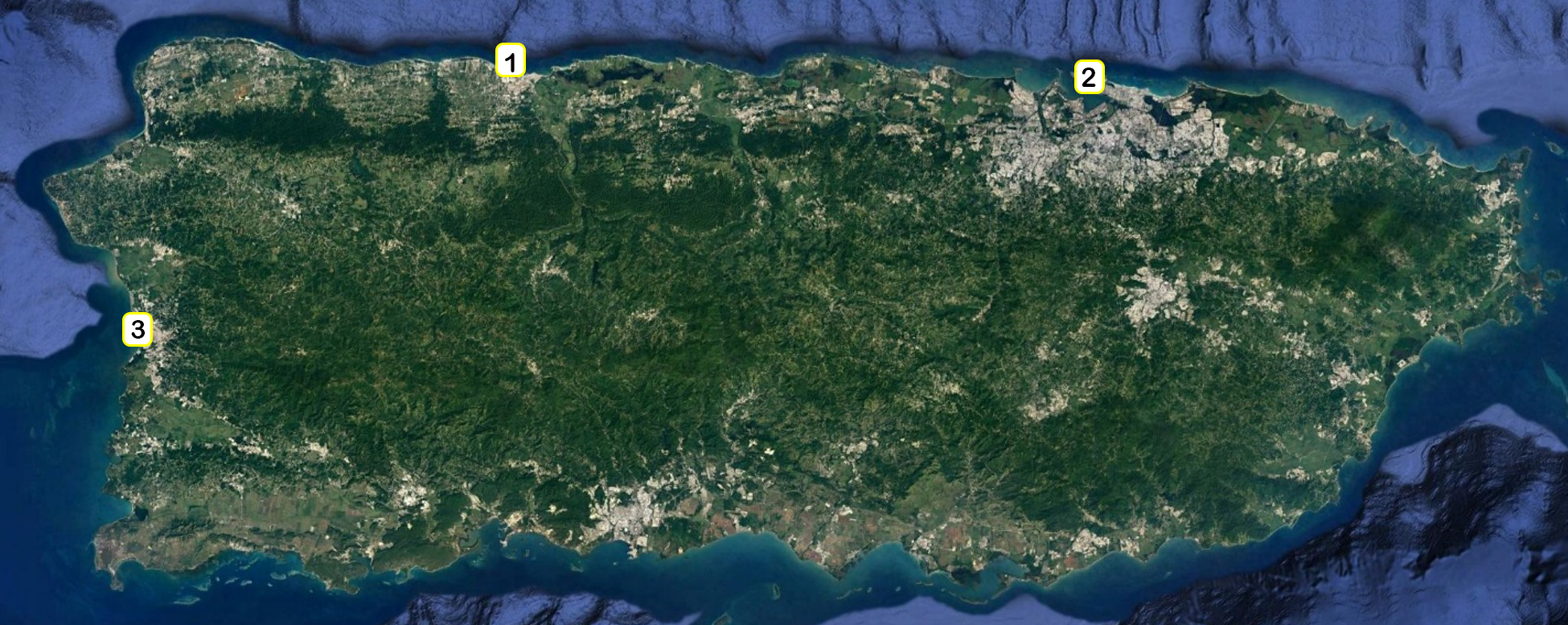 Map of Puerto Rico with numbered location of harbors