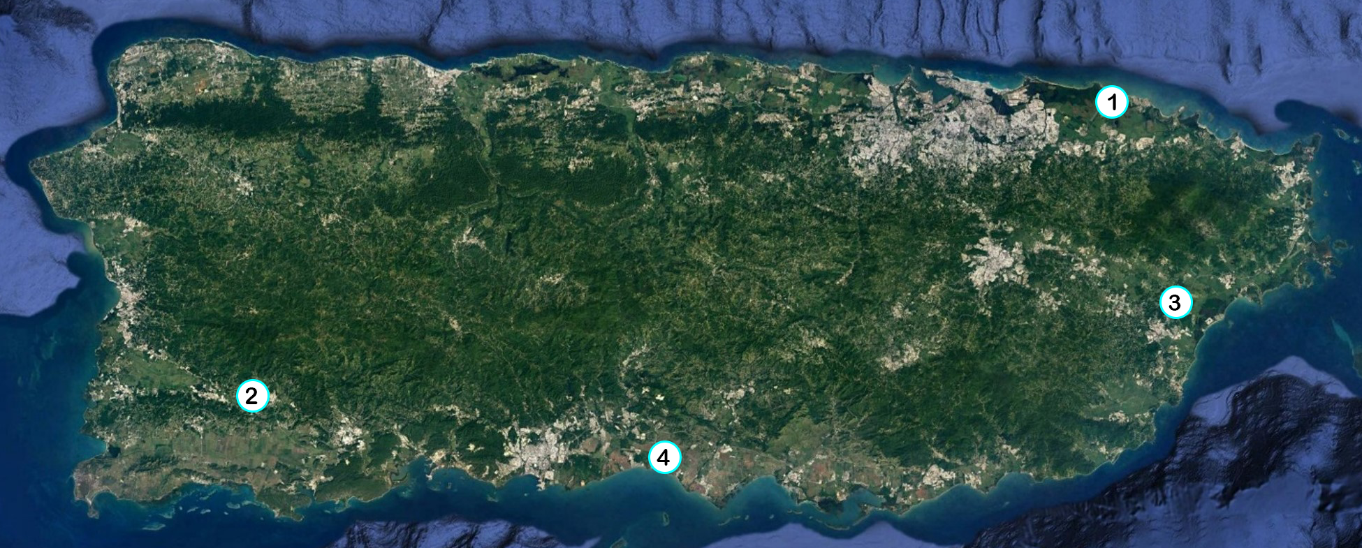 Map of Puerto Rico with numbered location of projects