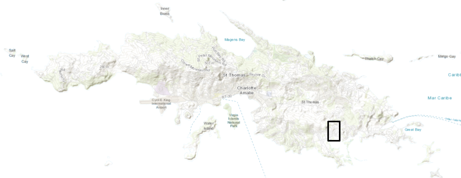 Map of St. Thomas, U.S. Virgin Islands with a rectangle for the location of the project.