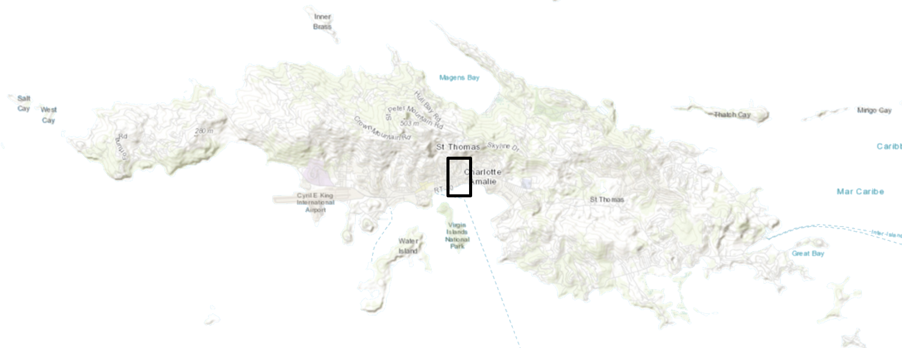 White map of St. Thomas, U.S. Virgin Islands with a black rectangle outlining the project location.