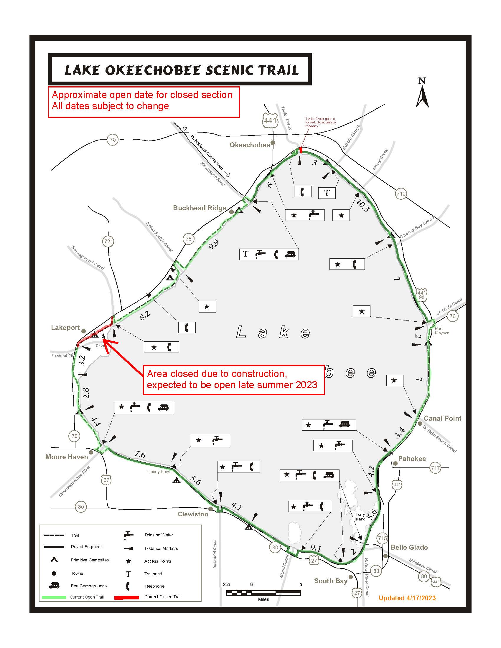 Currently, the Lake O Scenic Trail is closed as we complete the final phases of construction. Users will have to leave the trail and navigate around the construction areas.