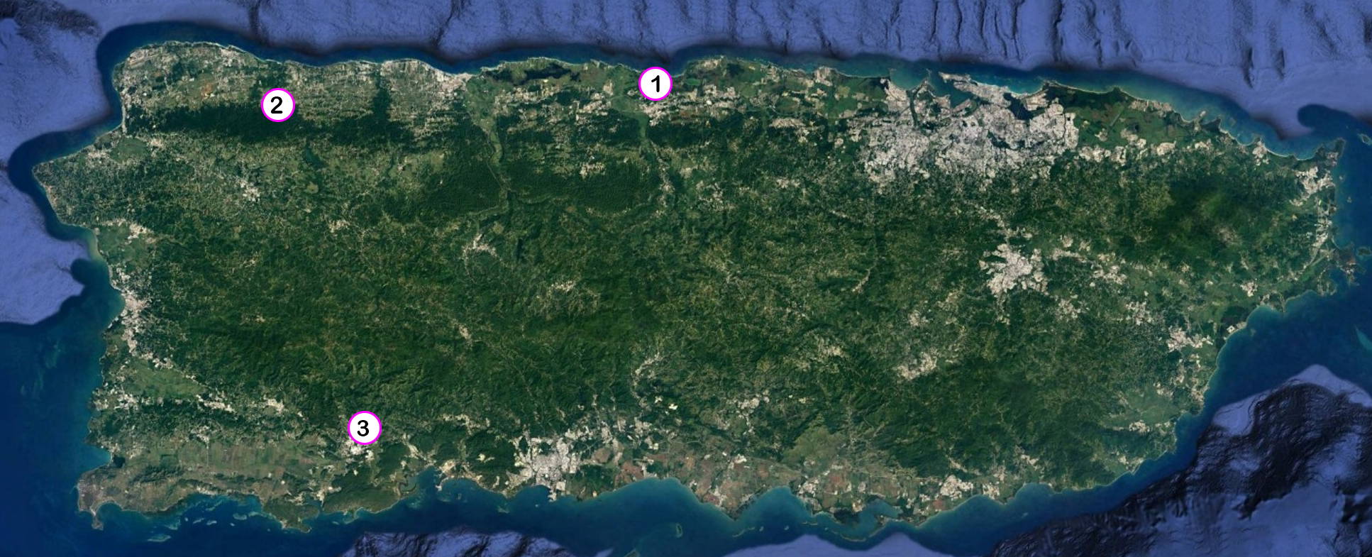Map of Puerto Rico with numbered location of projects