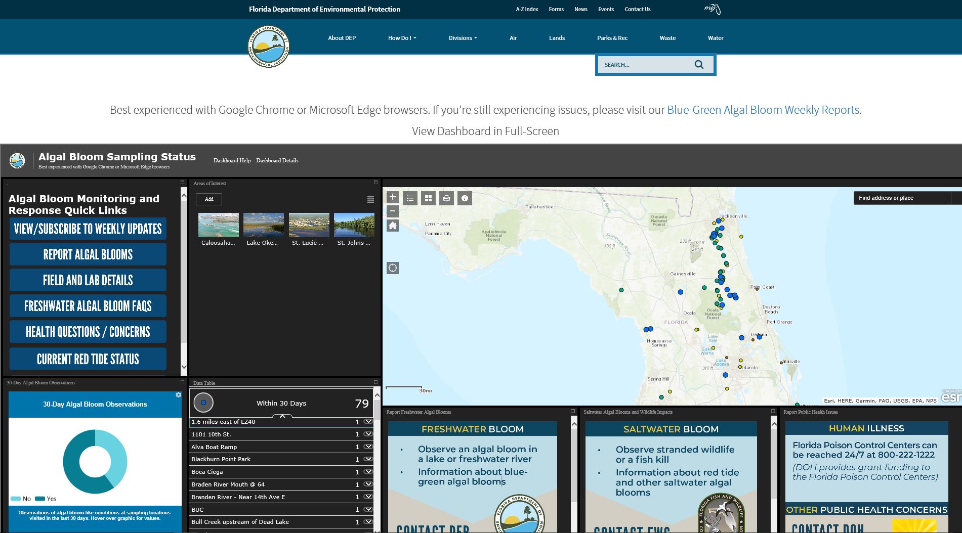 Florida Department of Environmental Protection Algal Bloom Dashboard