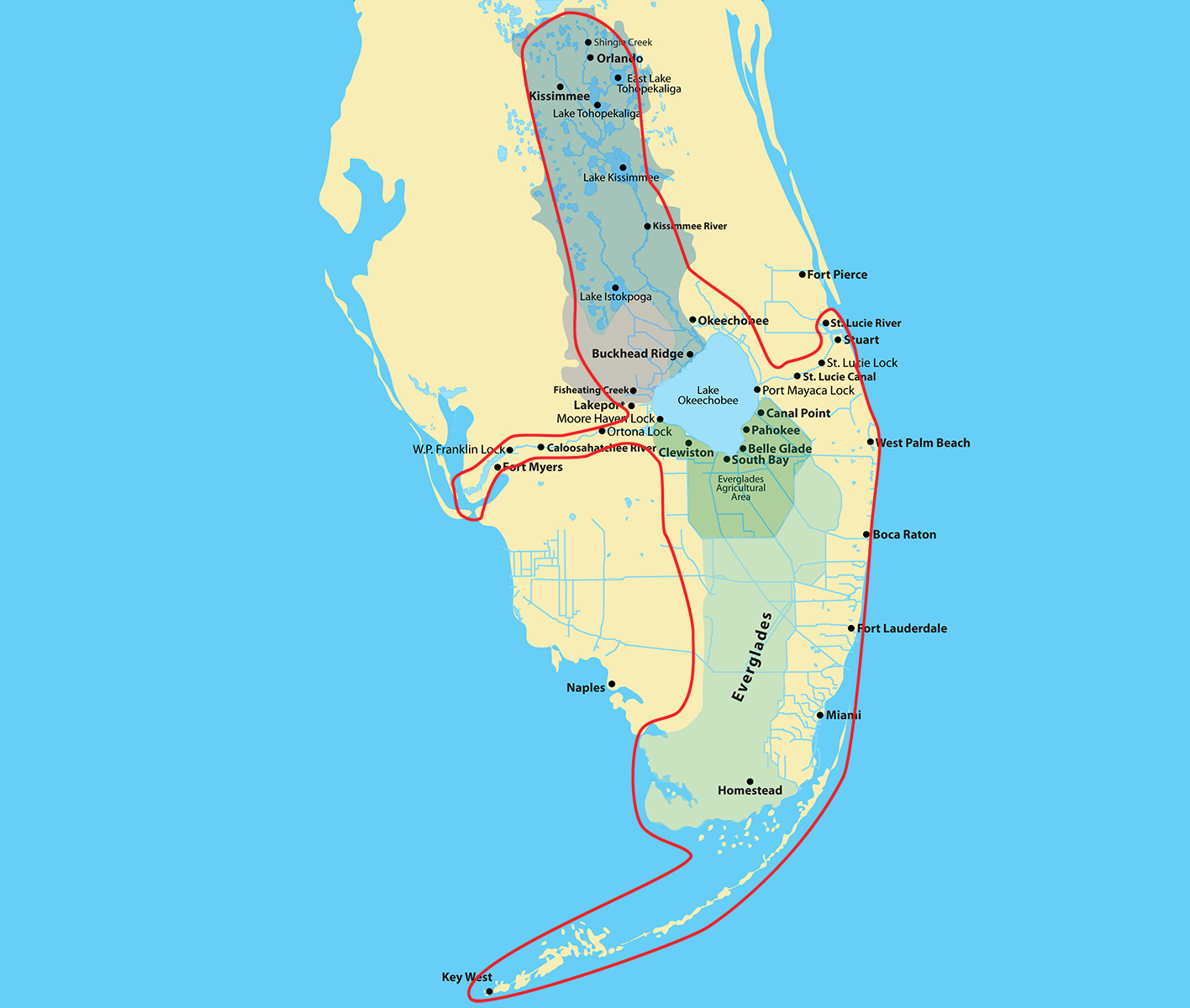 Map shows the area affected by the Lake Okeechobee regulation schedule. It includes the Kissimmee River Basin and watershed, the Northern Estuaries, Lake Okeechobee, the Everglades Agricultural Area, the greater Everglades, the Atlantic coast from Stuart to Homestead, and the Florida Keys. Map shows the area affected by the Lake Okeechobee regulation schedule. It includes the Kissimmee River Basin and watershed, the Northern Estuaries, Lake Okeechobee, the Everglades Agricultural Area, the greater Everglades, the Atlantic coast from Stuart to Homestead, and the Florida Keys.