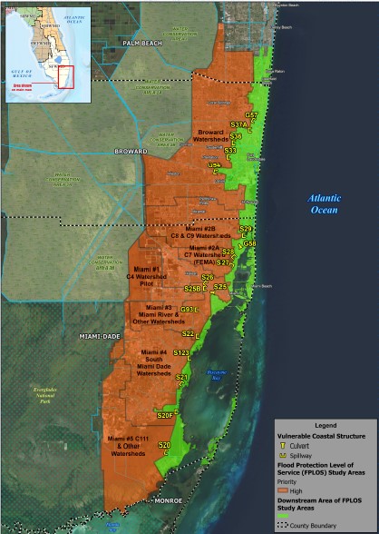 Map showing the project area where the C&SF Section 216 Resiliency Study will take place. The focus of the study will be on the high-risk urban watersheds in Southeast Florida.  •	C&SF system resiliency in the highest risk areas in Lower East Coast – Palm Beach, Broward and Miami-Dade counties