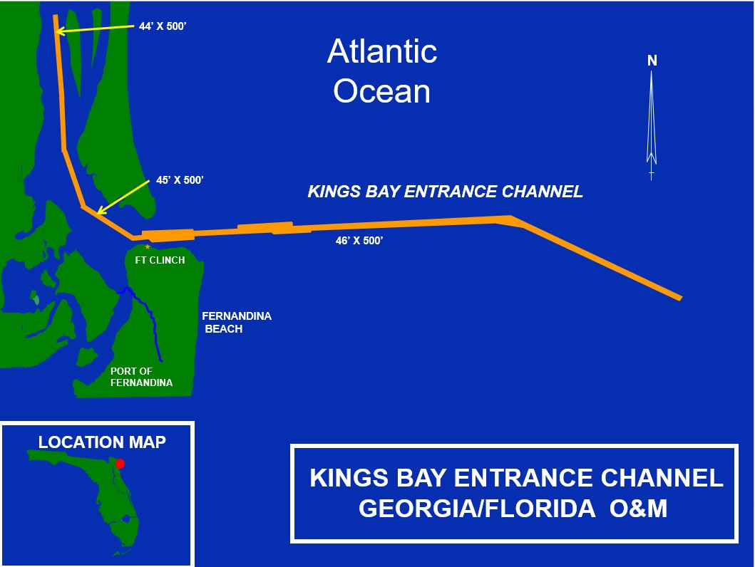 Kings Bay Entrance Channel Map - The authorized project provides for a channel 46 feet deep 500 feet wide from the ocean to the entrance of Amelia River where the channel turns north and transitions to 45 feet deep and 500 feet wide