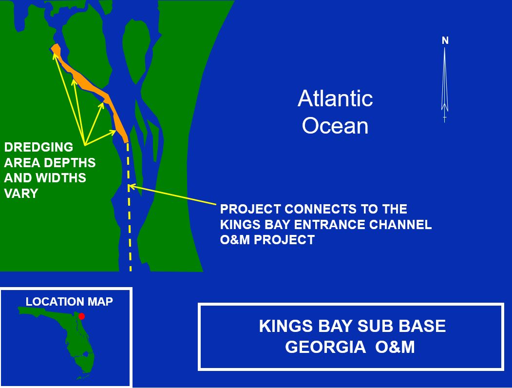 Map- Kings Bay Submarine Base-This project connects to the Kings Bay Entrance Channel maintenance dredging project. Dredged material is placed in four Dredge Material Management Areas. Map- Kings Bay Submarine Base-This project connects to the Kings Bay Entrance Channel maintenance dredging project. Dredged material is placed in four Dredge Material Management Areas.